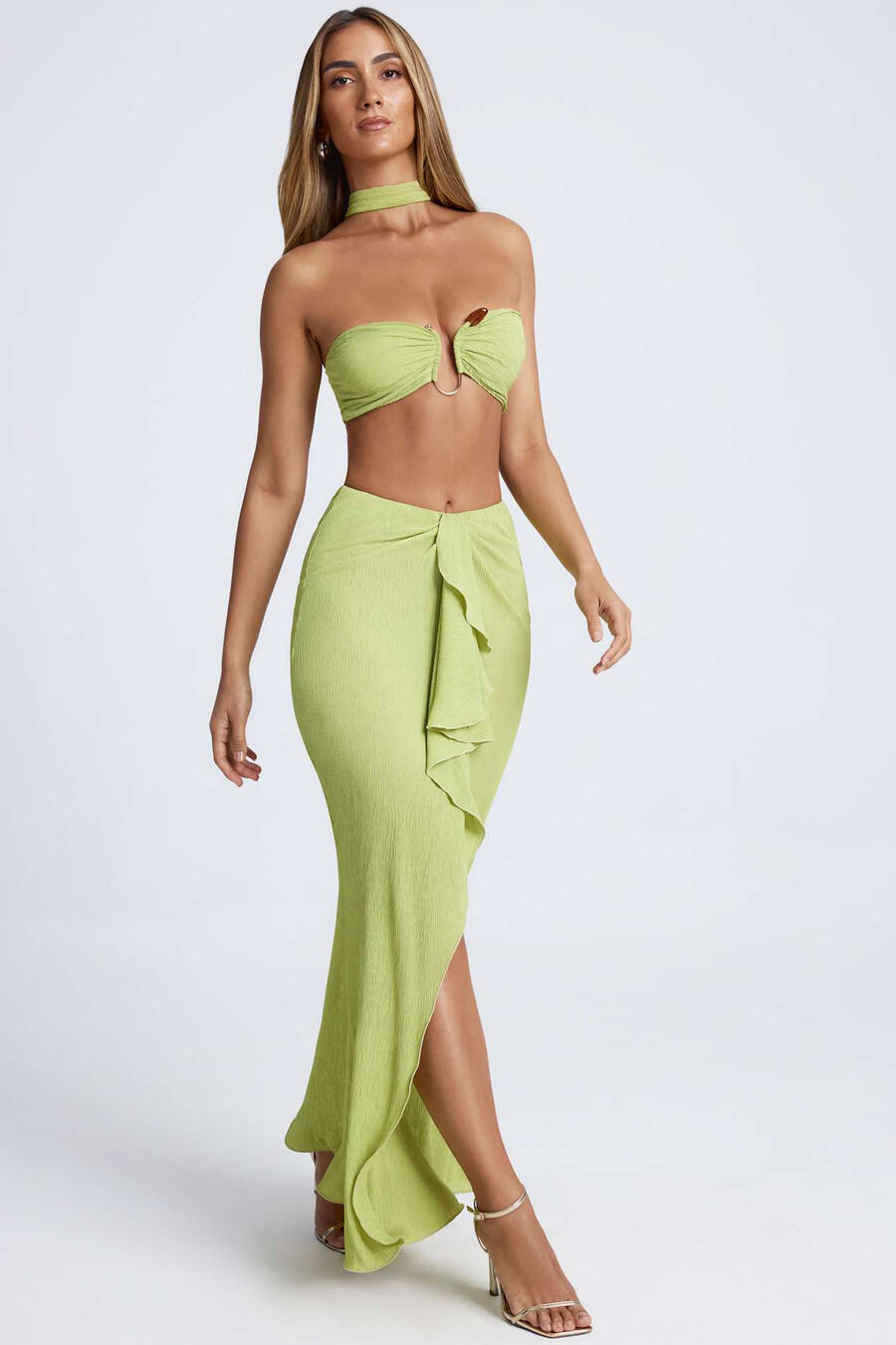 spódnica maxi z falbanką w kolorze oliwkowym