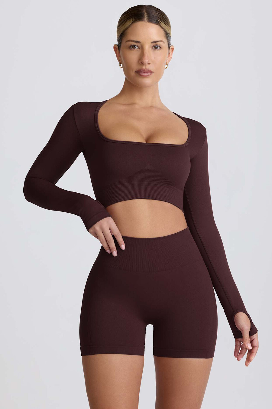 super sculpt seamless crop top z długim rękawem w kolorze czekoladowym