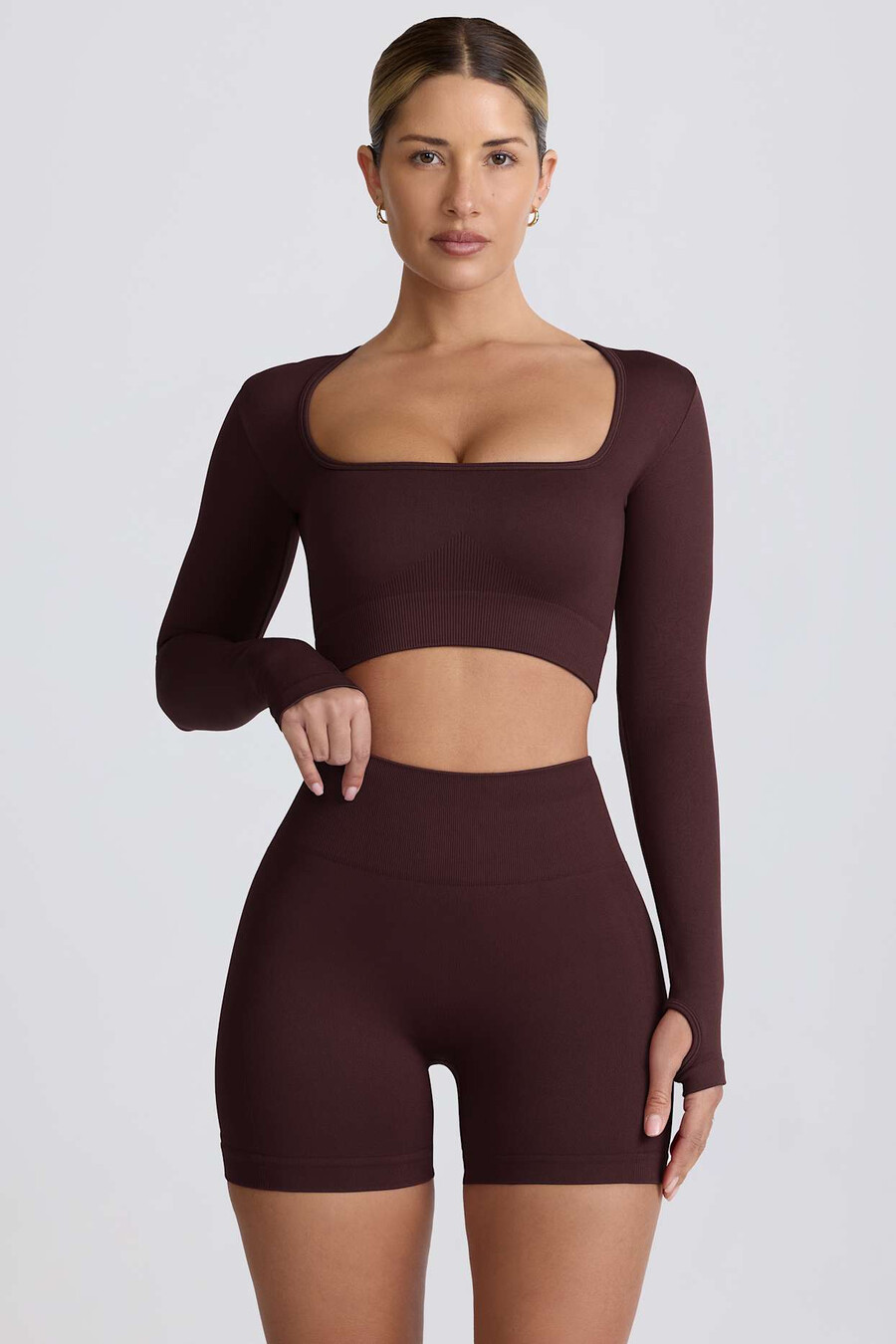 super sculpt seamless crop top z długim rękawem w kolorze czekoladowym