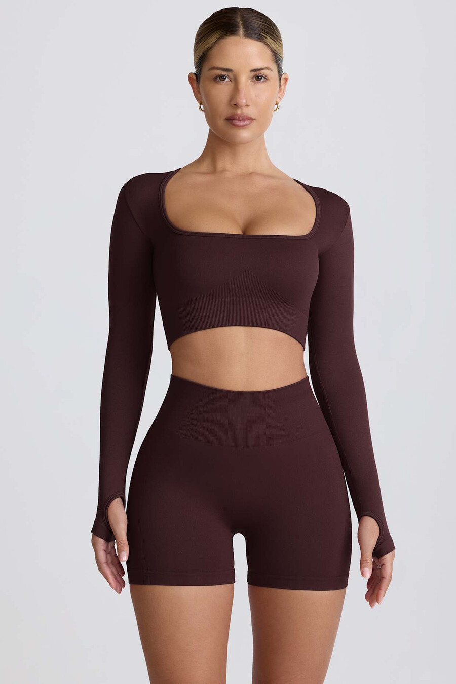 super sculpt seamless crop top z długim rękawem w kolorze czekoladowym